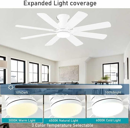 KNUN 52 Inch Ceiling Fan with Light, Low Profile Ceiling Fans with Remote and APP Control, 8 Blades, Noiseless, DC Motor, Flush Mount Ceiling Fan for Bedroom Living Room, Indoor/Outdoor White
