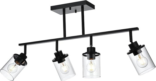 4 Lights Ceiling Light Fixtures with Flexibly Rotatable Light Head Black Bathroom Lights Modern Complete Track Lighting Kits with Clear Glass Shade, E26 Base