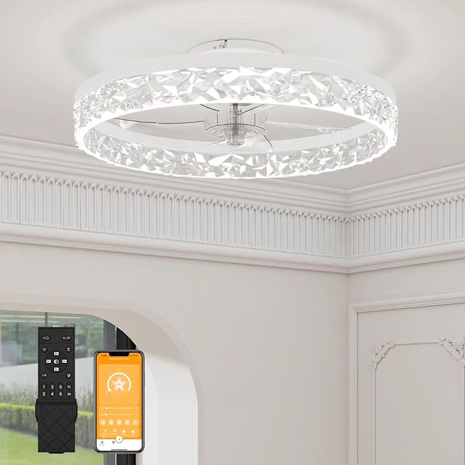 VOLISUN Modern Ceiling Fans with Lights and Remote, 19.7in Low Profile Ceiling Fan Flush Mount, 3000K-6500K Dimmable Bladeless LED Fan Light, White Fandelier Ceiling Fans with Lights for Bedroom