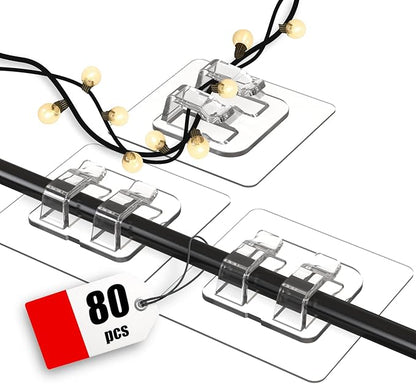 Hooks for Outdoor String Lights, 80 Pack Heavy Duty Cable Clips, Damage Free Cord Clips, Waterproof and UV-Resistant, Clear Self-Adhesive Hooks for Hanging Christmas Lights Outdoor and Patio Decor