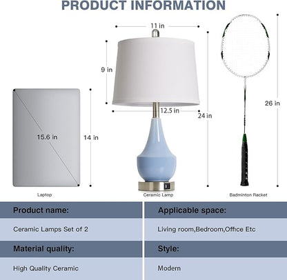 Cinyirong Modern Blue Table Lamp Set of 2, 24" Ceramic Table Lamp with USB A+C Ports,Classic Beside Lamps Nightstand Lamp Modern Lamp for Living Room, Bedroom & Office -LED Bulbs Included