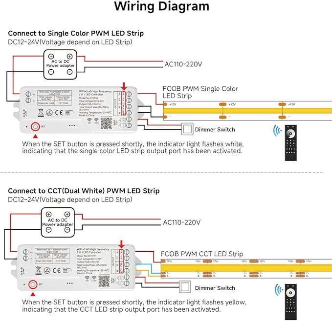 BTF-LIGHTING CH21W WiFi Bluetooth Smart LED Controller 20kHz High Frequency PWM Dimmer for No Flicker No Buzzing Single Color & CCT LED Strips Works with Alexa Google Home Smart Life App (No Remote)