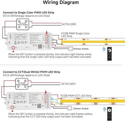BTF-LIGHTING CH21W WiFi Bluetooth Smart LED Controller 20kHz High Frequency PWM Dimmer for No Flicker No Buzzing Single Color & CCT LED Strips Works with Alexa Google Home Smart Life App (No Remote)