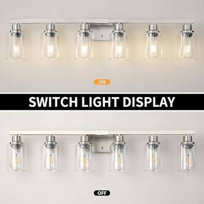Bathroom Vanity Light, 6-Light Nickel Modern Matte Wall Sconce Lighting with Clear Glass Shade, Wall Lights,Bath Vintage Wall Mounted Lamps for Mirror Bedroom Living Room