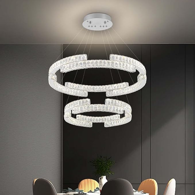 D32''+D20'' Modern 2 Ring Crystal Chandelier for Living Room Dining Room Ring Pendant Light Foyer Entrance Chandeliers LED Dimmable 3000-6000K