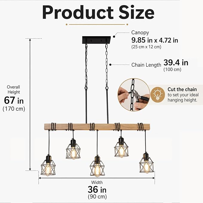 5 Light Farmhouse Kitchen Island Lighting,Dining Room Light Fixture,Adjustable Height Pendant,Real Wood and Black Metal Cage Chandelier for Kitchen,Dining Room