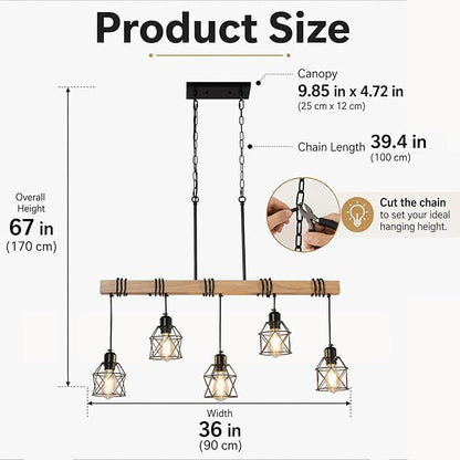 5 Light Farmhouse Kitchen Island Lighting,Dining Room Light Fixture,Adjustable Height Pendant,Real Wood and Black Metal Cage Chandelier for Kitchen,Dining Room