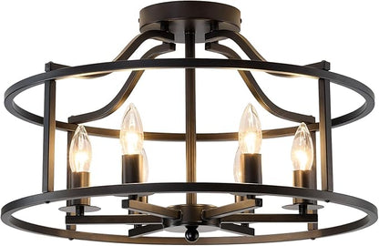 UOFUS Black Farmhouse Chandelier 6-Light Metal Dining Room Light Fixture Modern Industrial Semi Flush Mount Ceiling Light Fixture for Kitchen Island Bedroom Entryway Hallway Foyer E12 Base