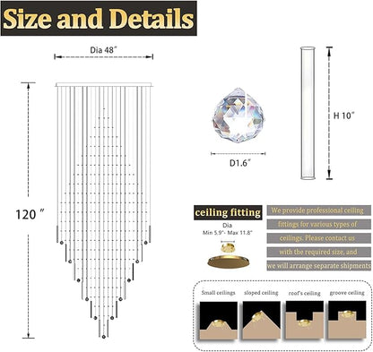 Flashing God D48''X H120''High Ceiling Chandelier Crystal Raindrop Gold Chandeliers Large Villa Chandelier Entrance Foyer Hight Ceiling Lighting LED Dimmable 2700K-4500K-6000K 24 LED Bulbs Include