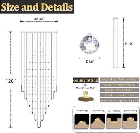 Flashing God D48''X H120'' Large Crystal Chandeliers for High Ceiling Square Crystal Raindrop Chandelier, Foyer Long Lighting Fixtures for Foyer Entryway Villa Silver ﻿