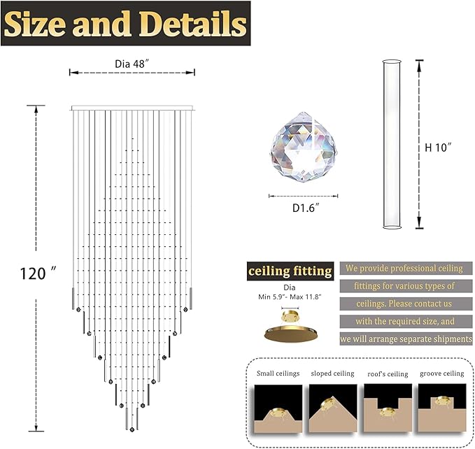 Flashing God D48''X H120'' Extra Large Chandelier for High Ceiling Modern Raindrop Chandelier Crystal Flush Mount Ceiling Light for Foyer Living Room Staircaes Entrance Gold ﻿