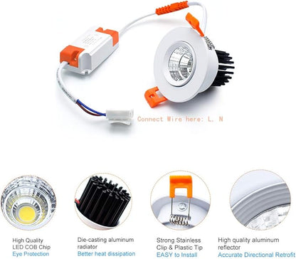 inShareplus 2 Inch LED Downlight, 3W Recessed Lighting COB Dimmable, 3000K Warm White, CRI80, Ceiling Lights with LED Driver, 1 Pack