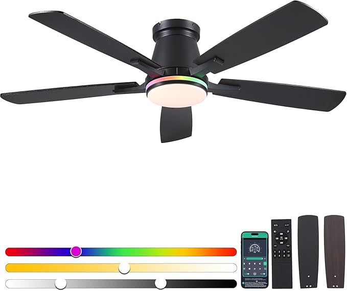 Surtime 52" Ceiling Fans with RGB Lights-Low Profile Ceiling Fan with Light and Remote/APP Control,Flush Mount,DC Reversible,LED Dimmable Black Ceiling Fans for Bedroom,Indoor/Outdoor Patio Use