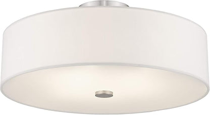 Livex Lighting 51055-91 Meridian Collection 4-Light Semi Flush Mount Ceiling Fixture with Off-White Fabric Hardback Drum Shade, Brushed Nickel