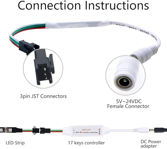 ALITOVE WS2812B WS2811 Addressable LED Controller RF Remote Wireless Mini Controller 5~24V DC for WS2812 WS2811 Dream Color Rainbow RGB LED Pixel Strip Panel Light, 3pin JST Connector 200 Color Modes