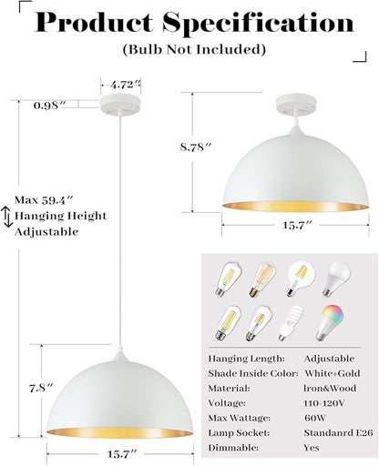 White and Gold Dome Pendant Light, 16 Inch Large Pendant Lights, White Pendant Lights Kitchen Island, Large Industrial Pendant Light for Kitchen Island, Dining Room, Cafe, Bar, 2 Pack