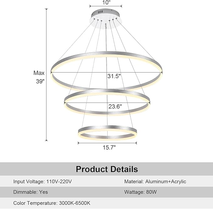3-Rings D31.5’’ Modern LED Chandelier Silver, Dimmable Pendant Lighting with Remote Control Circular Flush Mount High Ceiling Light for Living Dining Room Bedroom Foyer, 3000K-6500K