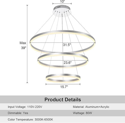 3-Rings D31.5’’ Modern LED Chandelier Silver, Dimmable Pendant Lighting with Remote Control Circular Flush Mount High Ceiling Light for Living Dining Room Bedroom Foyer, 3000K-6500K
