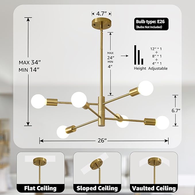HHR Modern Chandelier Ceiling Light Fixture, 6-Light Brushed Gold Sputnik Chandelier for Kitchen Island Bedroom Living Room, 26-Inch Mid Century Dining Room Light Fixture Over Table, E26