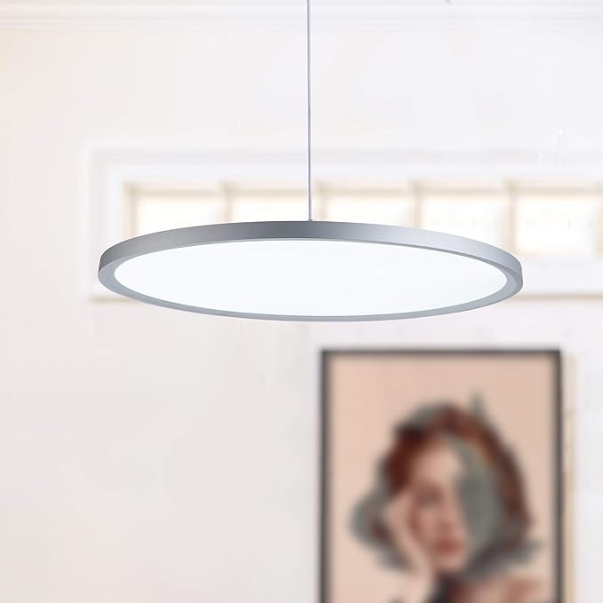 MADEM Modern LED Pendant Light 23.6'' Disc Chandelier Hanging Lighting Fixture with Acrylic Shape Dimmable Contemporary Chandelier 6000K for Office Dining Room Meeting Room Kitchen Island, Silver