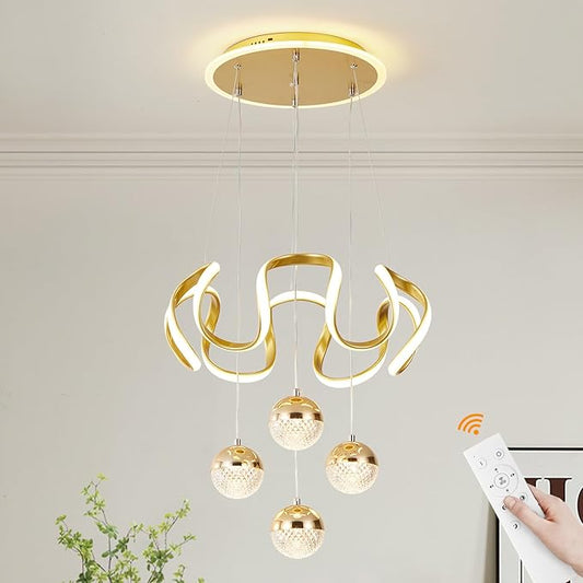 Modern Gold LED Chandeliers, Dimmable LED Pendnat Light Fixture for Kitchen Island Over Table Adjustable Height Modern Chandeliers for Dining Room Kitchen Island Living Room Bedroom