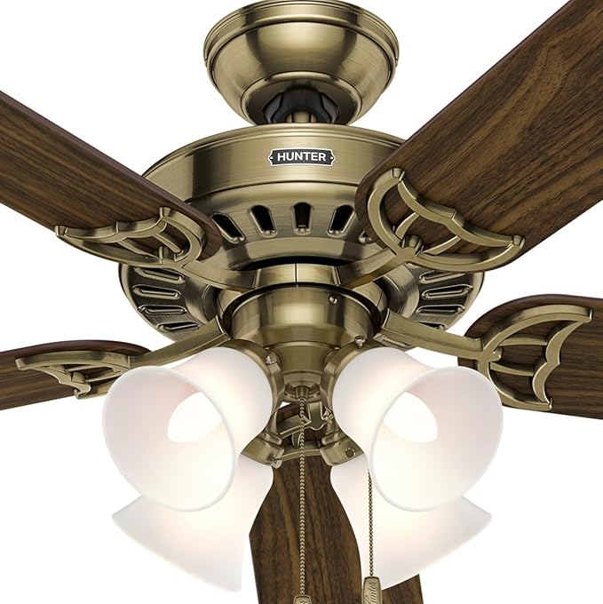 Hunter 52 inch Indoor Ceiling Fan with LED Lights and Pull Chain - Brass Ceiling Fan, Standard Mount, 5 Blades, For Bedroom, Living Room, or Kitchen, Quiet - Studio Series 53063, Antique Brass