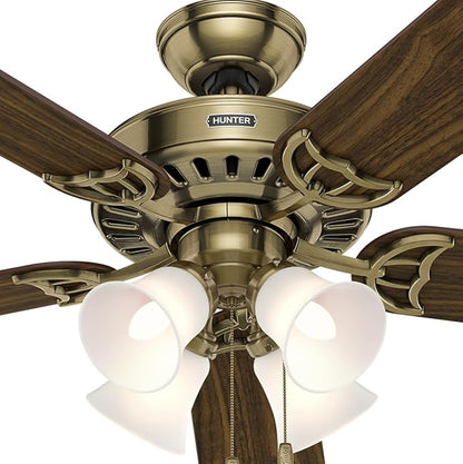 Hunter 52 inch Indoor Ceiling Fan with LED Lights and Pull Chain - Brass Ceiling Fan, Standard Mount, 5 Blades, For Bedroom, Living Room, or Kitchen, Quiet - Studio Series 53063, Antique Brass
