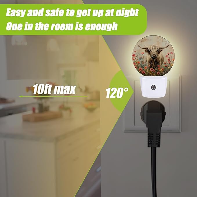 Highland Cow Night Light,Flowers Night Lights Plug into Wall for Kitchens Toilets Bedroom Decorative Half Round Nightlight Led Lamp 0.5W Sleep Friendly