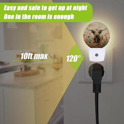 Highland Cow Night Light,Flowers Night Lights Plug into Wall for Kitchens Toilets Bedroom Decorative Half Round Nightlight Led Lamp 0.5W Sleep Friendly