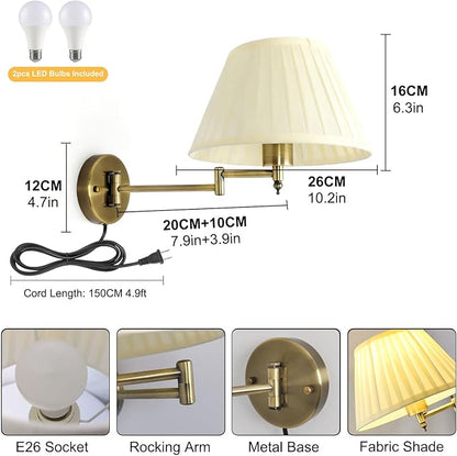 Indoor Wall Sconce Plug in Swing Arm Wall Lamp Bronze Wall Light Fixtures with Beige Fabric Shade Bedside Lights for Bedroom Hallway Study Room Living Room Reading Light