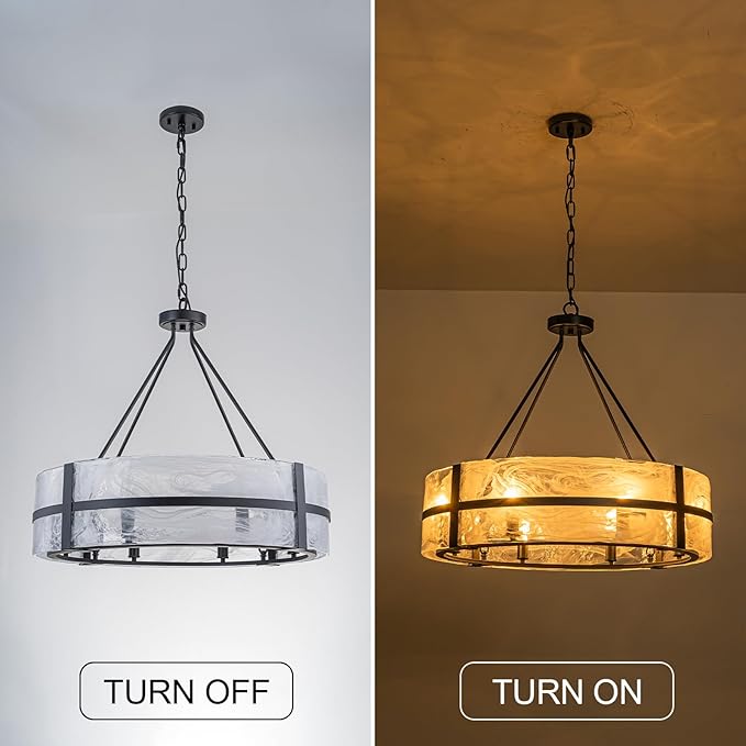 28" Glass Chandelier for Dining Room Large 8-Light Modern Black Drum Chandelier Light Fixture Over Table with Cloudy Glass Shades Hanging Pendant Light for High Ceiling Living Room Foyer