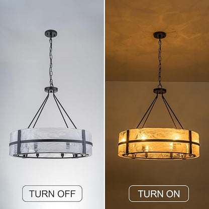28" Glass Chandelier for Dining Room Large 8-Light Modern Black Drum Chandelier Light Fixture Over Table with Cloudy Glass Shades Hanging Pendant Light for High Ceiling Living Room Foyer