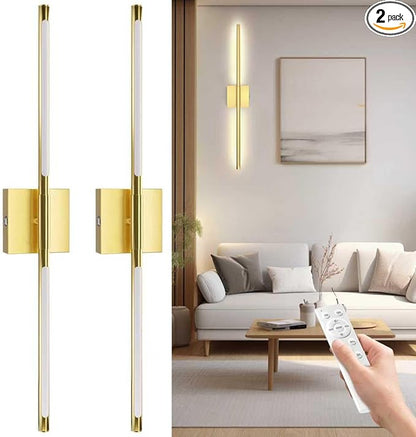 Battery Operated Wall Sconces Set of 2 Rechargeable LED Wall Lights, Dimmable 3000K-6500K, Battery Sconces Wall Decor for Bedroom Living Room Hallwayated Wall Sconce （2 Pack） (Gold, 28 INCH)