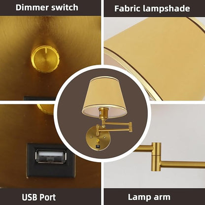 Plug-in Wall Sconce Swing Arm 1-Light Wall Mount Lamp with USB Charging Port Wall Sconce Lighting with Dimmable On Off Switch Gold Fabric Shade Brass Wall Lamp Light Fixture