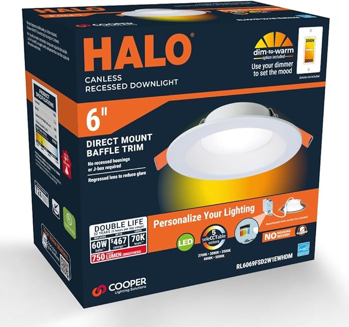 HALO RL 6 in Canless LED Recessed Ceiling Light with Selectable Color Temperature 2700K-5000K Selectable Lumen 900/1200 for Indoor Outdoor Wet Locations Dimmable IC Rated-RL6LS9FSD2W1EWHDM (Pack of 4)