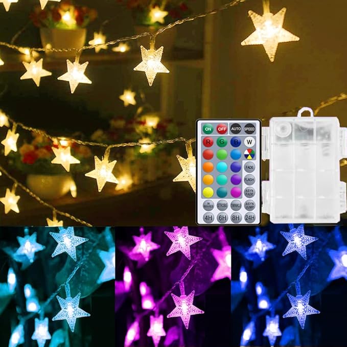 Solhice Star String Lights Battery Operated Color Changing 20ft, 40 LEDs Fairy Lights, Hanging Twinkle Lights with Remote for Outdoor Indoor Bedroom Décor