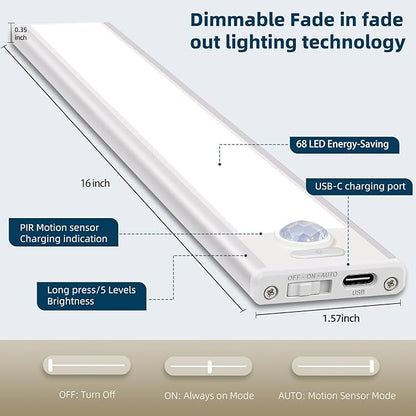 16inch Under Cabinet Lighting, 4 Pack Rechargeable Motion Sensor Light Indoor, Wireless Dimmable Magnetic Closet Lights, 68 LED Under Counter Lights for Kitchen, Wardrobe, Stairs, Warm Light