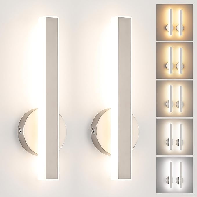 Aipsun Brushed Nickel Wall Sconce Hardwired Modern LED 18W Wall Sconce Set of Two, 15.7Inches Wall Lights for Living Room Bedroom Hallway 5CCT