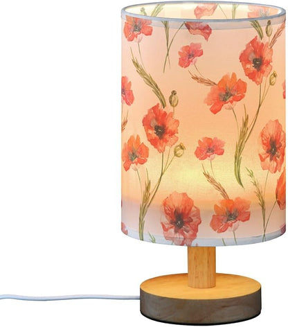 Bedside Table Lamp Retro Poppy Nightstand Lamp with Wood Floral Flower Leaves Desk Lamps for Bedroom Living Room Nursery Office Home Decor