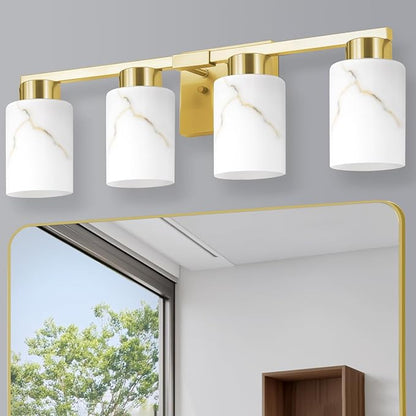4-Light Bathroom Light Fixtures, Modern Vanity Lights, Gold Metal Wall Lamp with White Marble Glass for Bathroom, Mirror, Living Room, Bedroom, Cabinet, Porch, Hallway, E26 Base