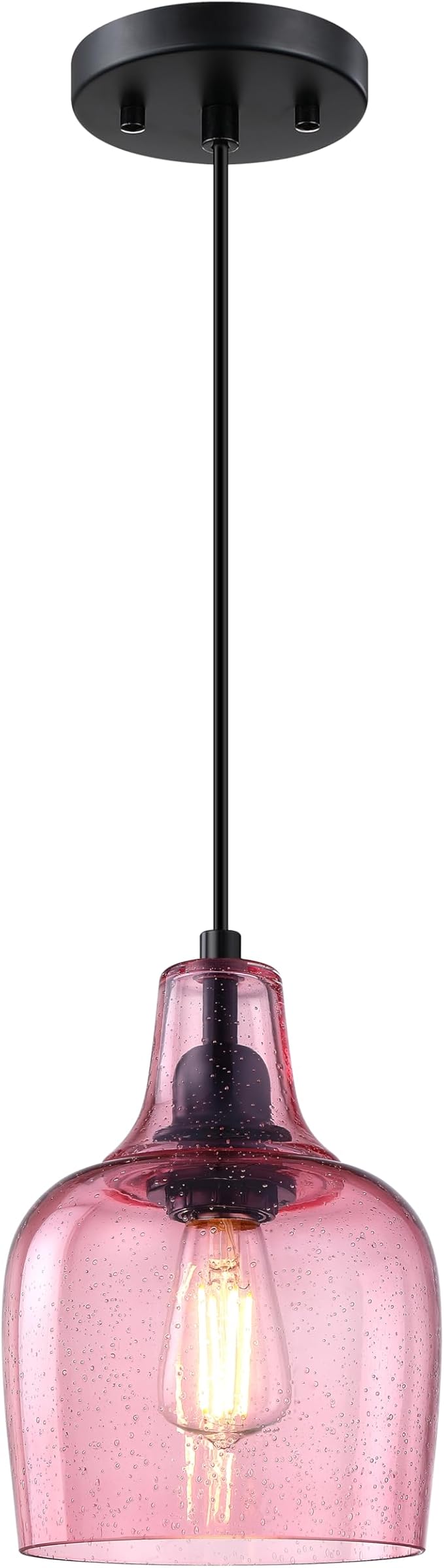 2 Pack 1 Light Hanging Indoor Kitchen Island Pendant Light 6.1" Seeded Pink Glass Pendant Ceiling Light Fixtures Black Finish Modern Farmhouse Dinning Over Sink
