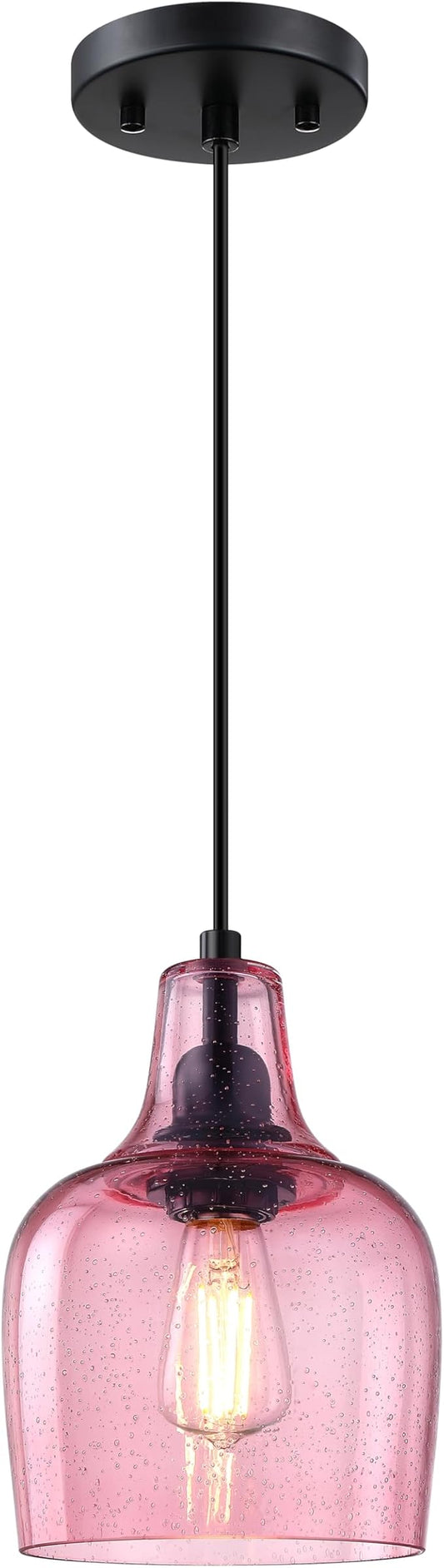 2 Pack 1 Light Hanging Indoor Kitchen Island Pendant Light 6.1" Seeded Pink Glass Pendant Ceiling Light Fixtures Black Finish Modern Farmhouse Dinning Over Sink
