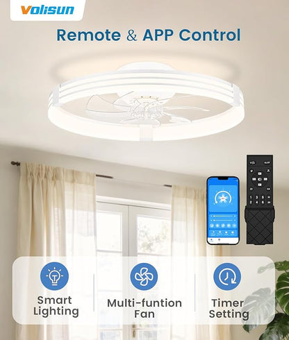 VOLISUN Low Profile Ceiling Fans with Lights and Remote, 20in Flush Mount Ceiling Fan with Light, 3000K-6500K Dimmable Fandelier LED Fan Light, White Bladeless Ceiling Fans with Lights for Bedroom