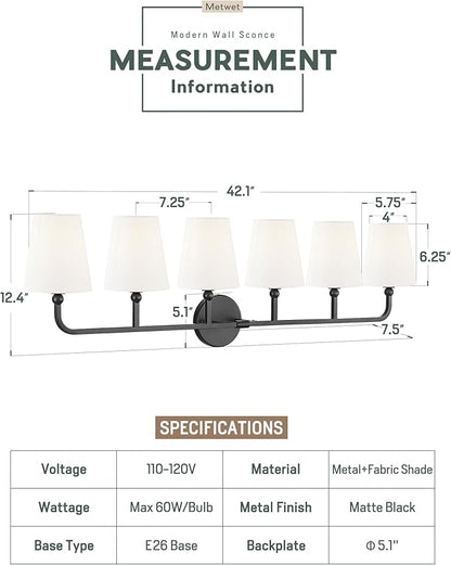Bathroom Light Fixtures, 42 Inch Matte Black Vanity Lights with Flared White Fabric Shade, 6-Light Wall Sconce, Modern Sconces Wall Lighting for Hallway Bedroom, VL837-MB-6