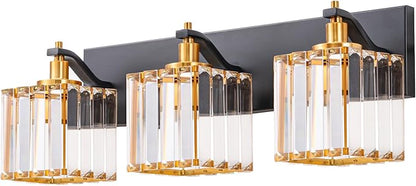 EDISHINE Modern Crystal Bathroom Vanity Light, 3-Lights Bathroom Light Fixtures Over Mirror, Black and Gold Vanity Light for Bathroom, Powder Room, Brass Wall Light Fixtures, E26 Base