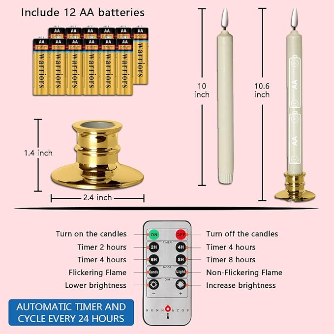 6 Pack Flameless Ivory real Wax Window Candles with 12 AA Batteries(Include, Run More Than 400 Hours) and Golden Candlebase, 10" Flickering Battery Operated LED Taper Windows Candles with Remote Timer