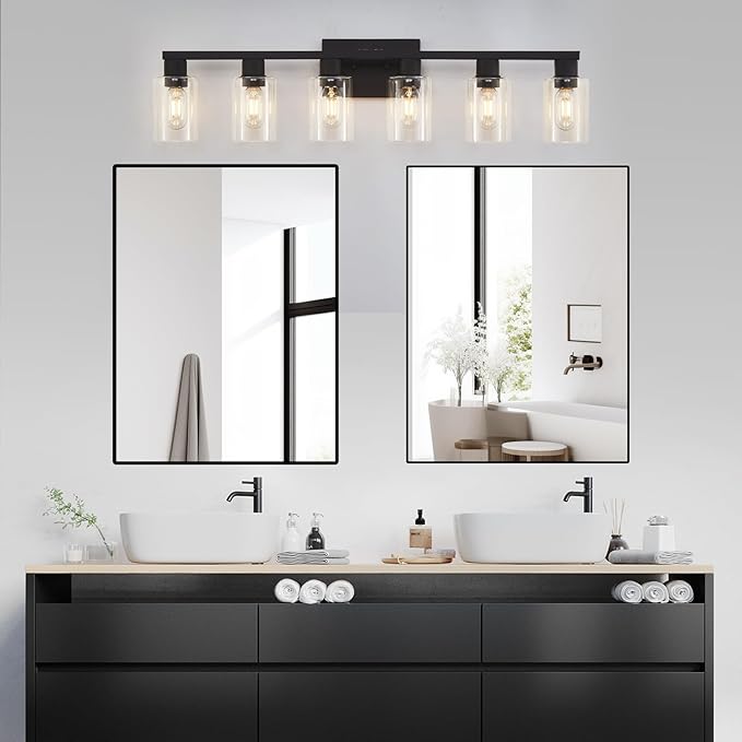 6 Light Bathroom Vanity Light, Matte Black Vanity Light Fixtures, Large Vanity Lights for Bathroom, Farmhouse Light Fixtures with Clear Glass Shade for Bathroom Over Mirror