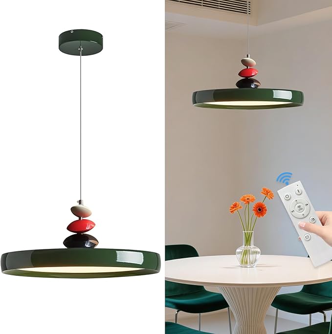Mikeru Modern Pendant Lights, 15.8" Vintage Green Pendant Lighting Fixture with Remote Control Dimmable 3 Color Mode & Brightness Mid Century Island Light Fixture for Dining Room,Kitchen,Living Room