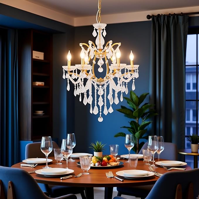 6-Light Crystal Chandelier Gold Finish Modern Luxury Antique Flush Mount Chandelier with Crystal Drops Prisms Beads, Elegant Dining Room Living Room Entryway Foyer Ceiling Light Fixture