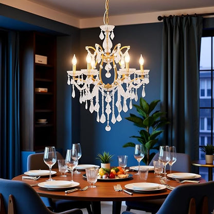 6-Light Crystal Chandelier Gold Finish Modern Luxury Antique Flush Mount Chandelier with Crystal Drops Prisms Beads, Elegant Dining Room Living Room Entryway Foyer Ceiling Light Fixture